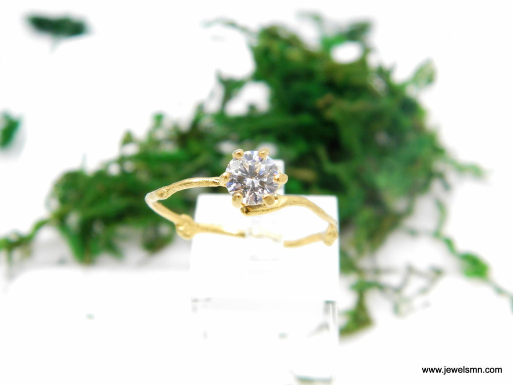 Minimal Solid Gold jasmine twig promise ring for woman. Engagement Gold Solitaire ring 18-14K-9k dainty branch Ethical Lab created Diamond