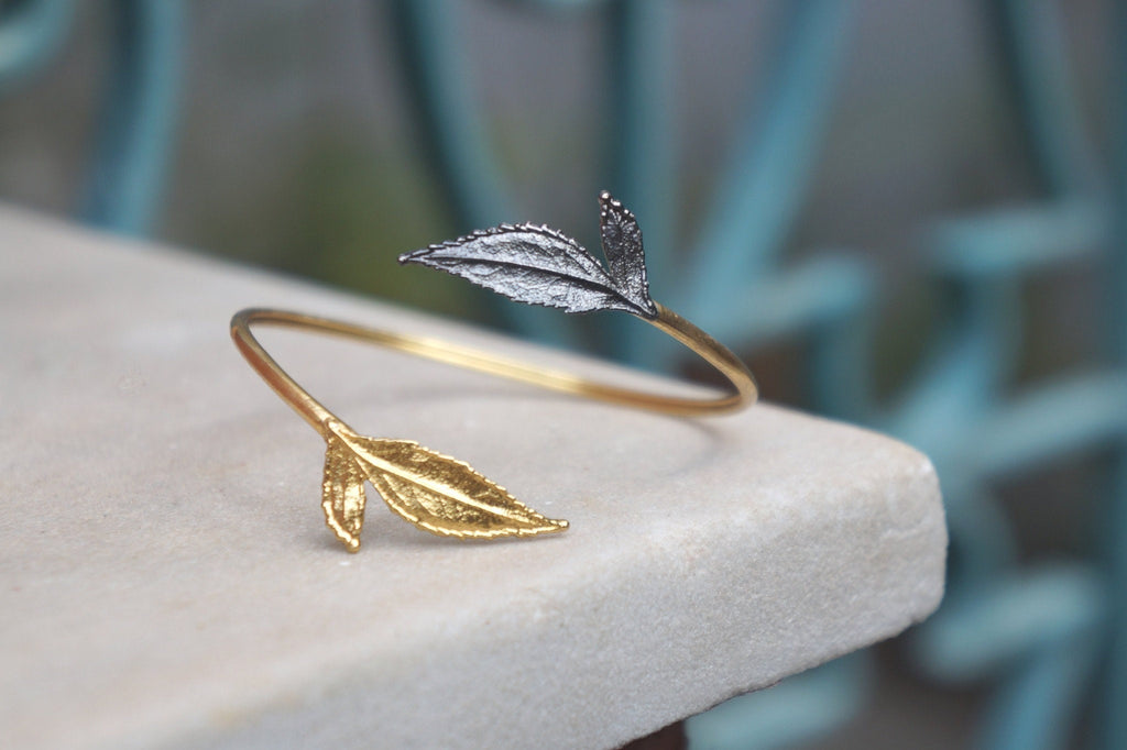 Rose Leaf Cuff Bracelet – Adjustable Bangle Cuff, 14K Gold Plated, Black Rhodium Finish