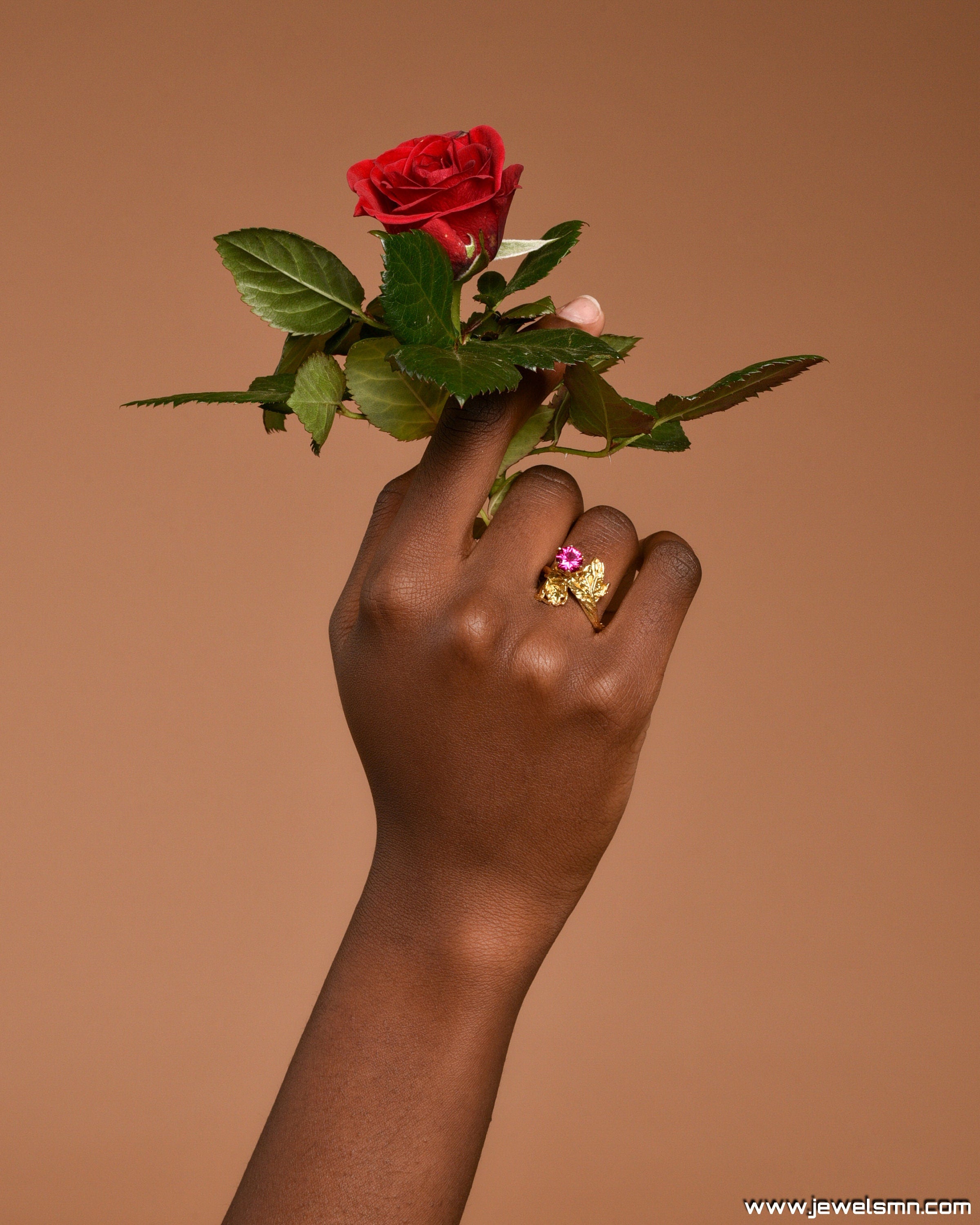 A hand holding a red rose with green leaves and a gold ring against a peach-colored background.