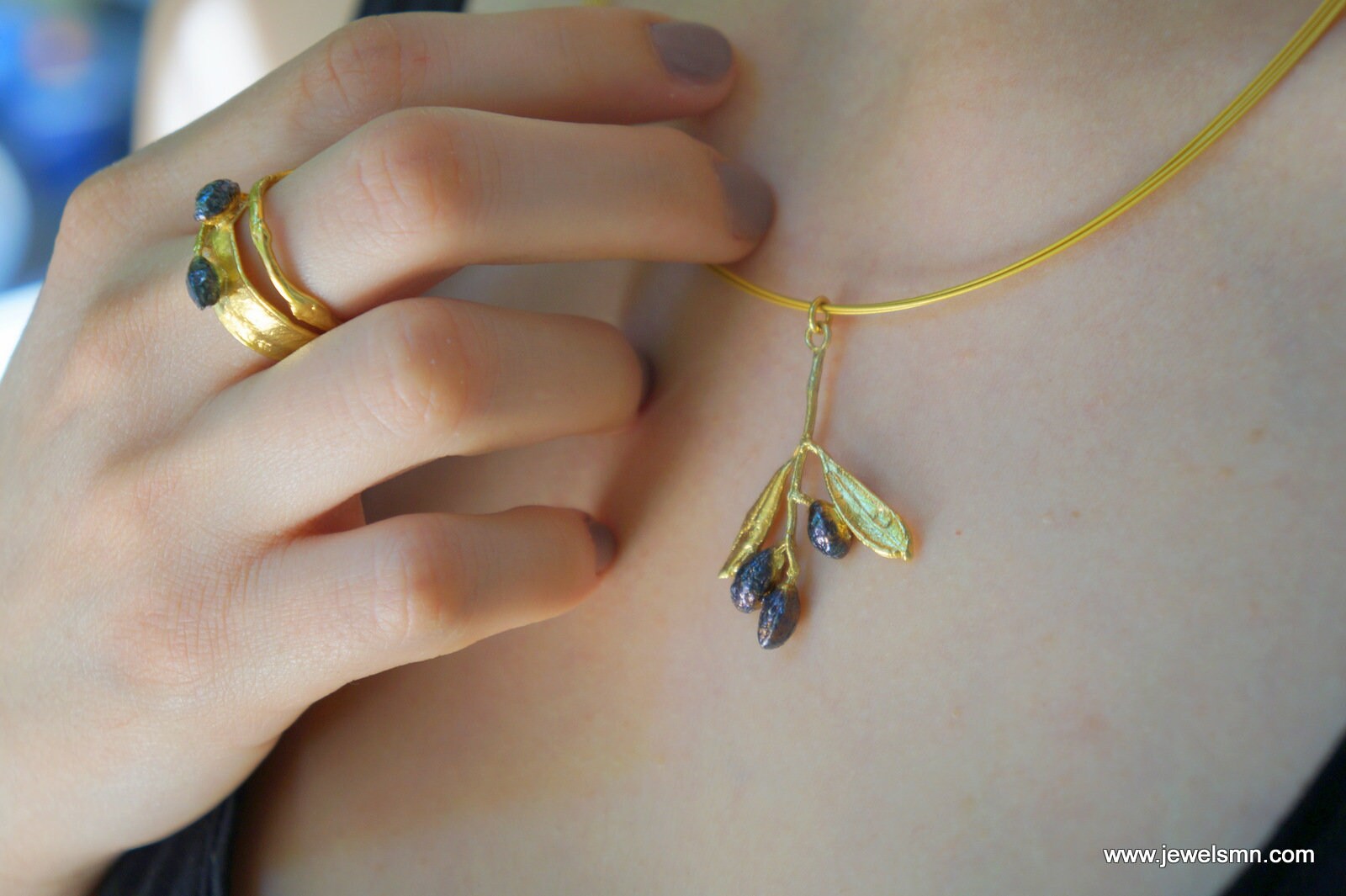 Solid Gold Olive Necklace – Handmade Black Rhodium Fruits Pendant Necklace