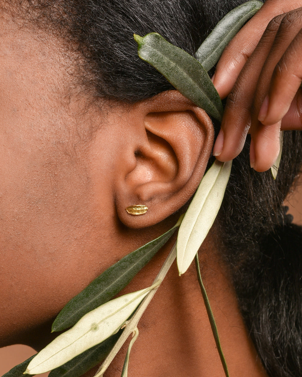 Gold Plated Stud Earrings – Minimalist Tiny Olive Leaf Sterling Silver Studs