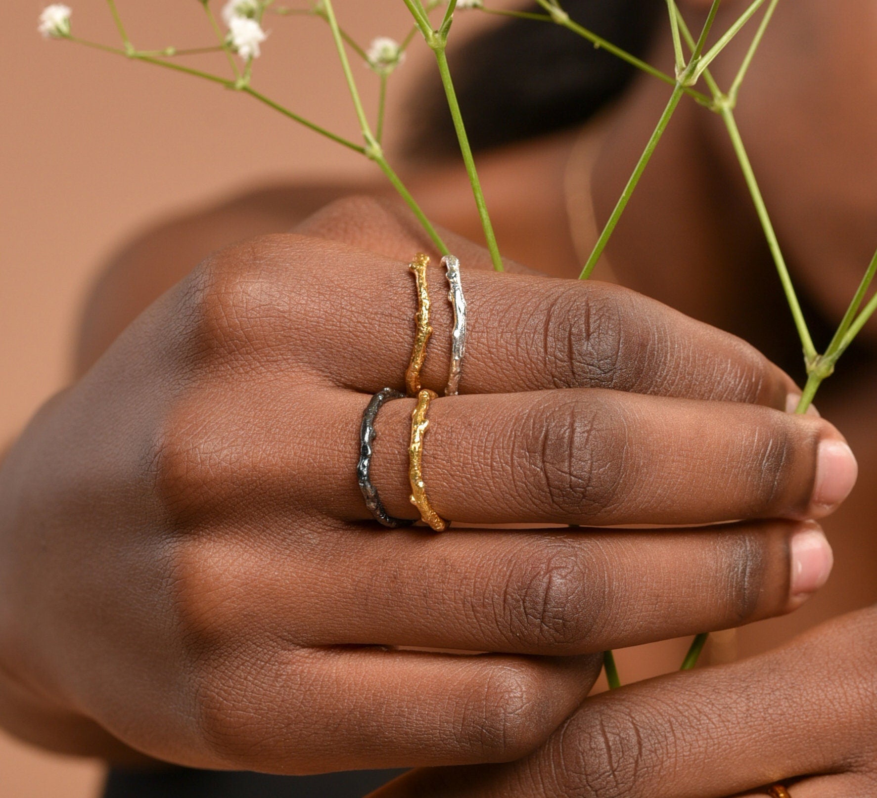 Olive Branch Ring – Two Tone Adjustable Silver Double Band Twig Ring