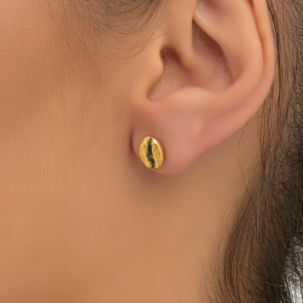 Gold-Plated Coffee Earrings, Gold-Plated Jewelry, Brass Studs, Coffee Bean Charm, Unique Gift Idea