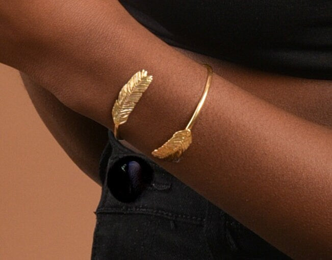 Gold Plated Cuff Bracelet – Real Plant Mimosa Leaf Sterling Silver Jewelry