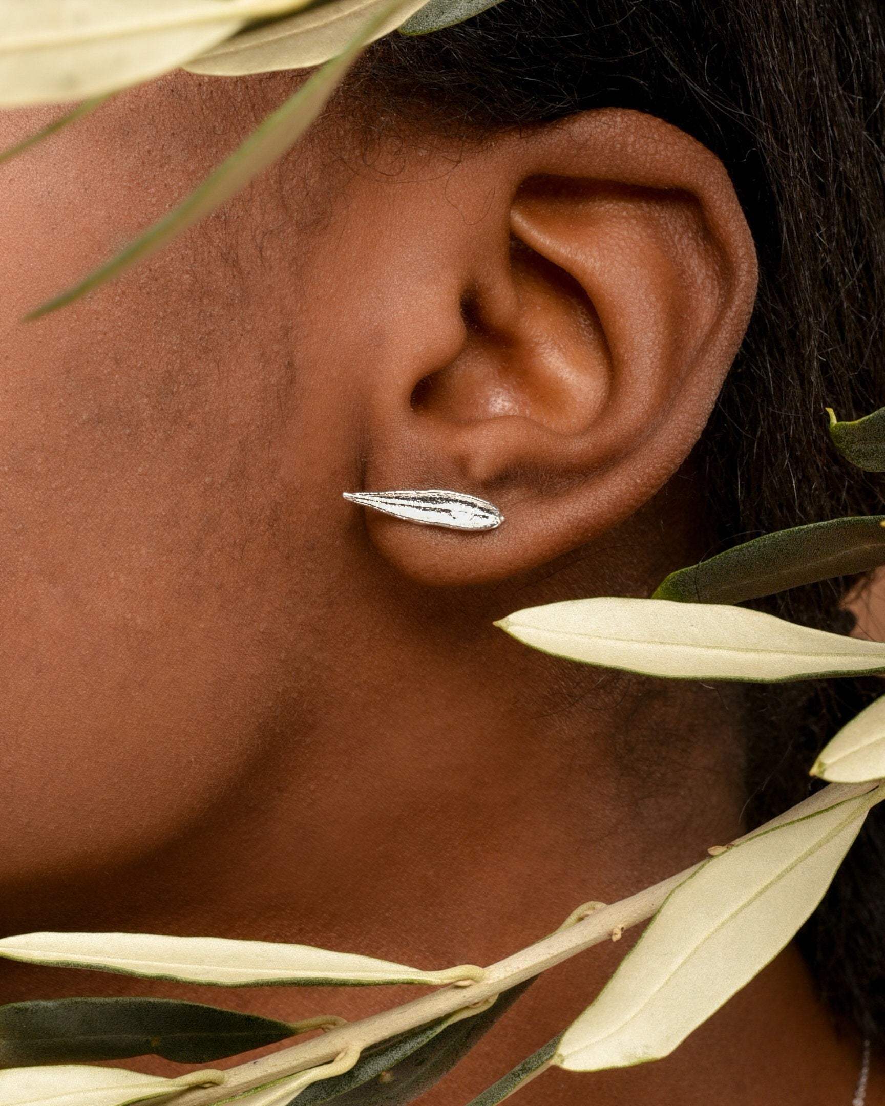 Olive Leaf Stud Earrings - Minimal Sterling Silver Handmade
