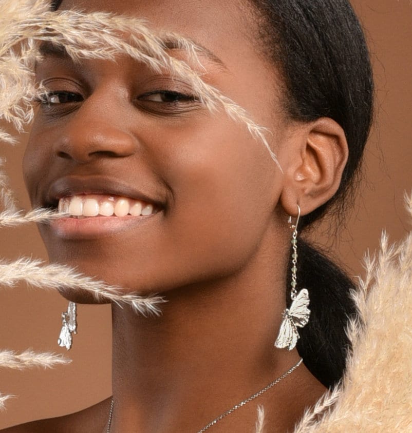 Butterfly Earrings: Sterling Silver Dangles with Green Aventurine (Recycled)