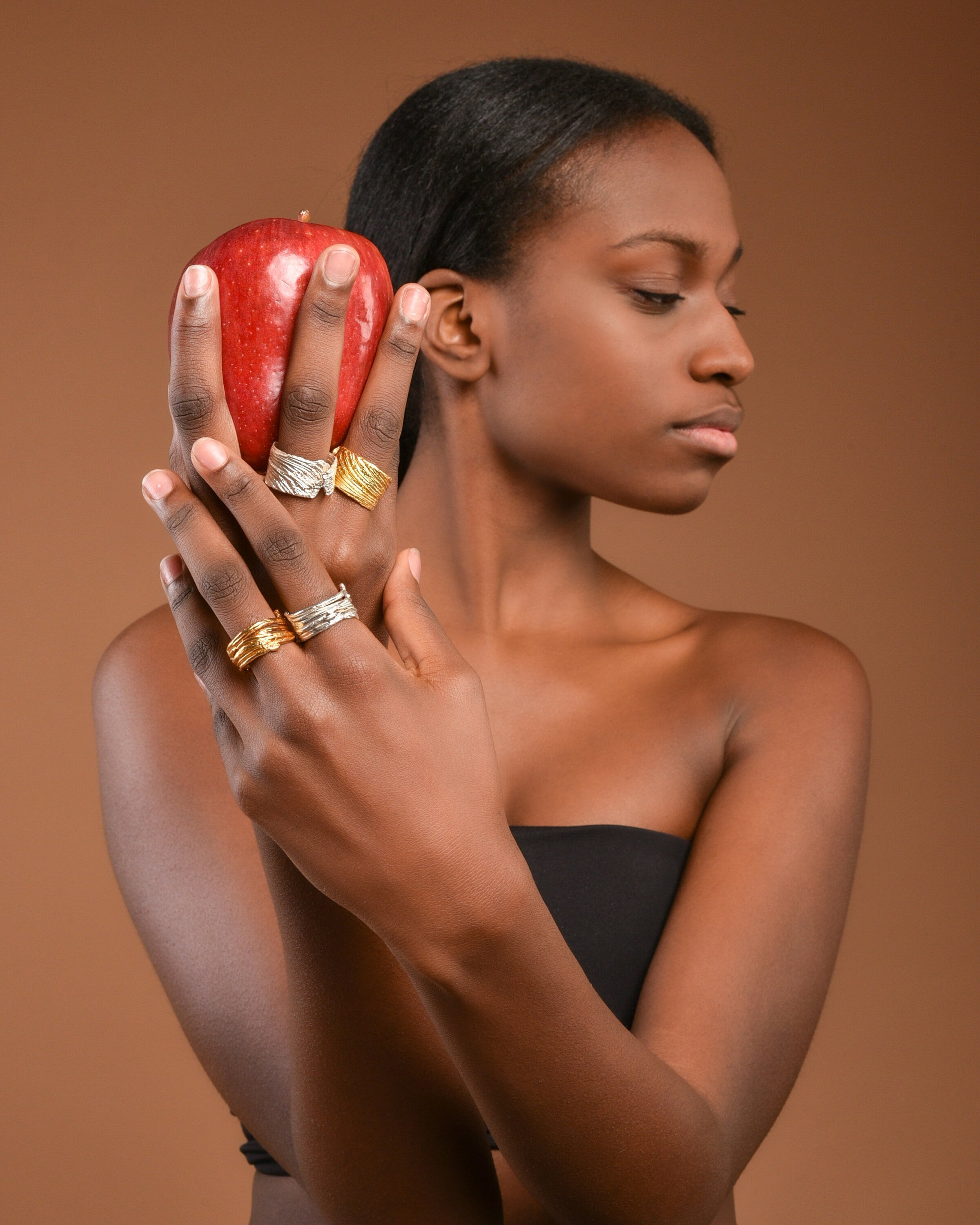 Gold Plated Silver Ring – Handmade Wide Band Ring with Bitter Orange Bark Design