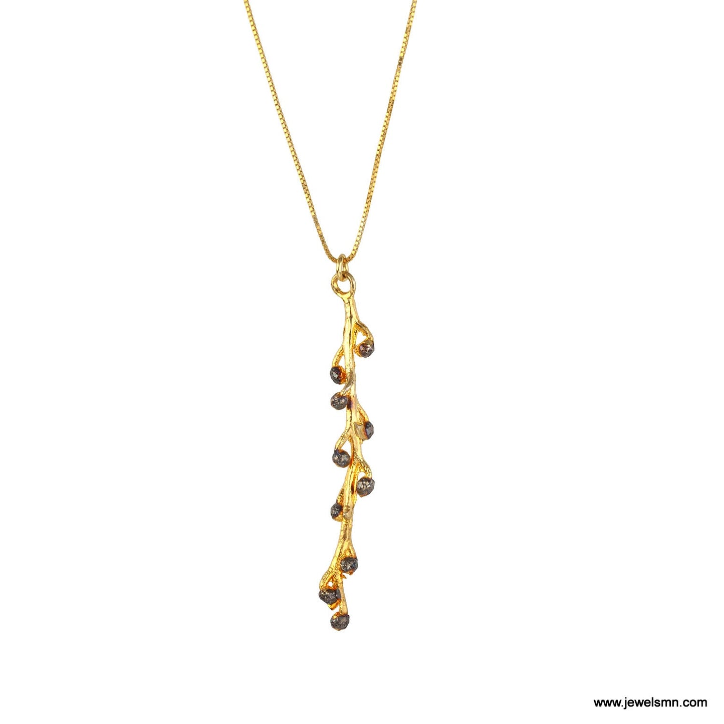 Nature jewelry gold plated necklace. Mimoza branch with chain and black rhodium. Acacia twig with small buds. Nature lover jewelry gift