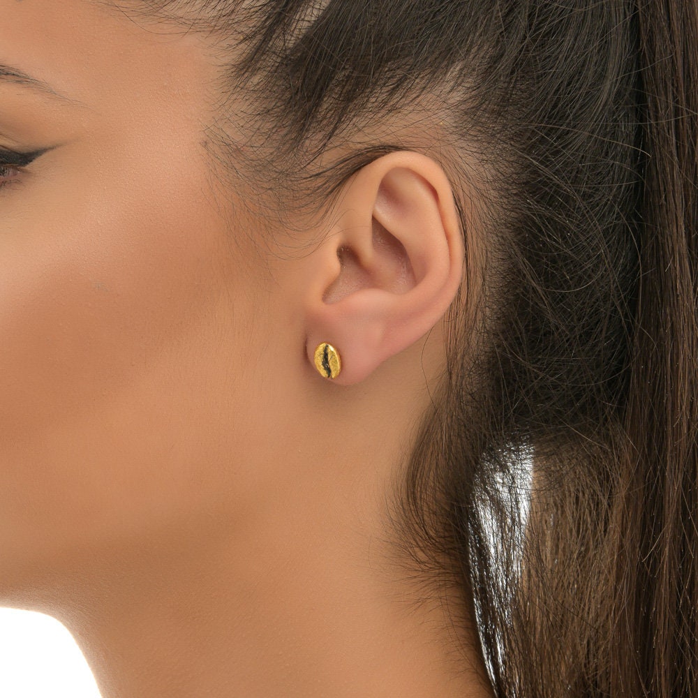 Gold-Plated Coffee Earrings, Gold-Plated Jewelry, Brass Studs, Coffee Bean Charm, Unique Gift Idea