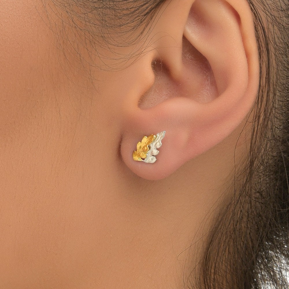 Nature-Inspired Fern Leaf Earrings, Two-Tone Sterling Silver (Studs)