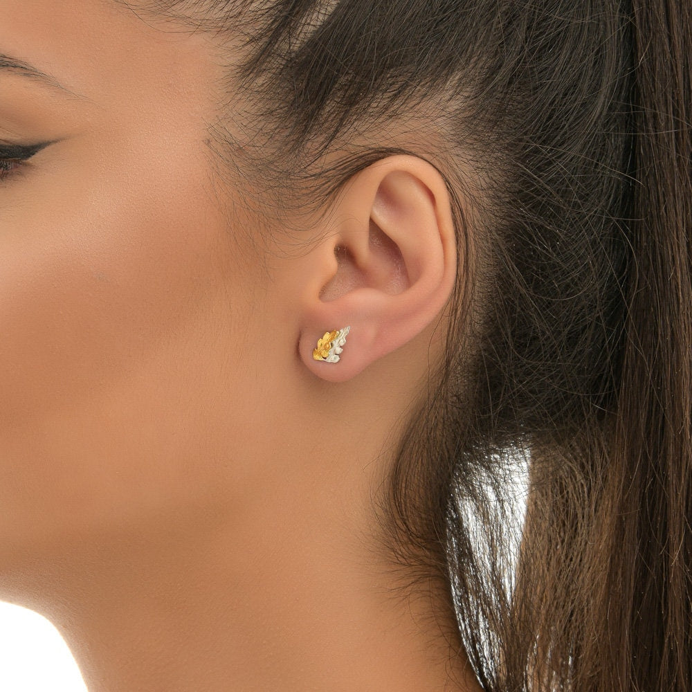 Nature-Inspired Fern Leaf Earrings, Two-Tone Sterling Silver (Studs)