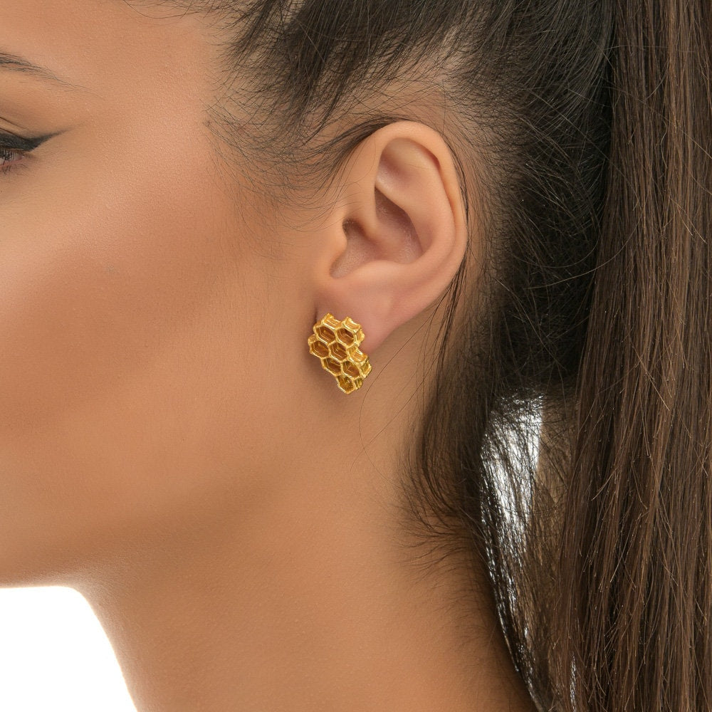 Honeycomb Bee Earrings, Gold Plated Sterling Silver (Lightweight Studs)