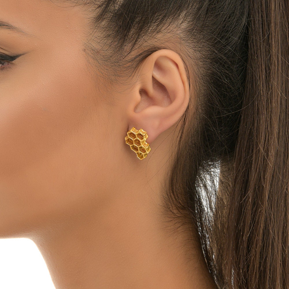 Gold Honeycomb Earrings – 18k Gold Plated Sterling Silver Lightweight Studs