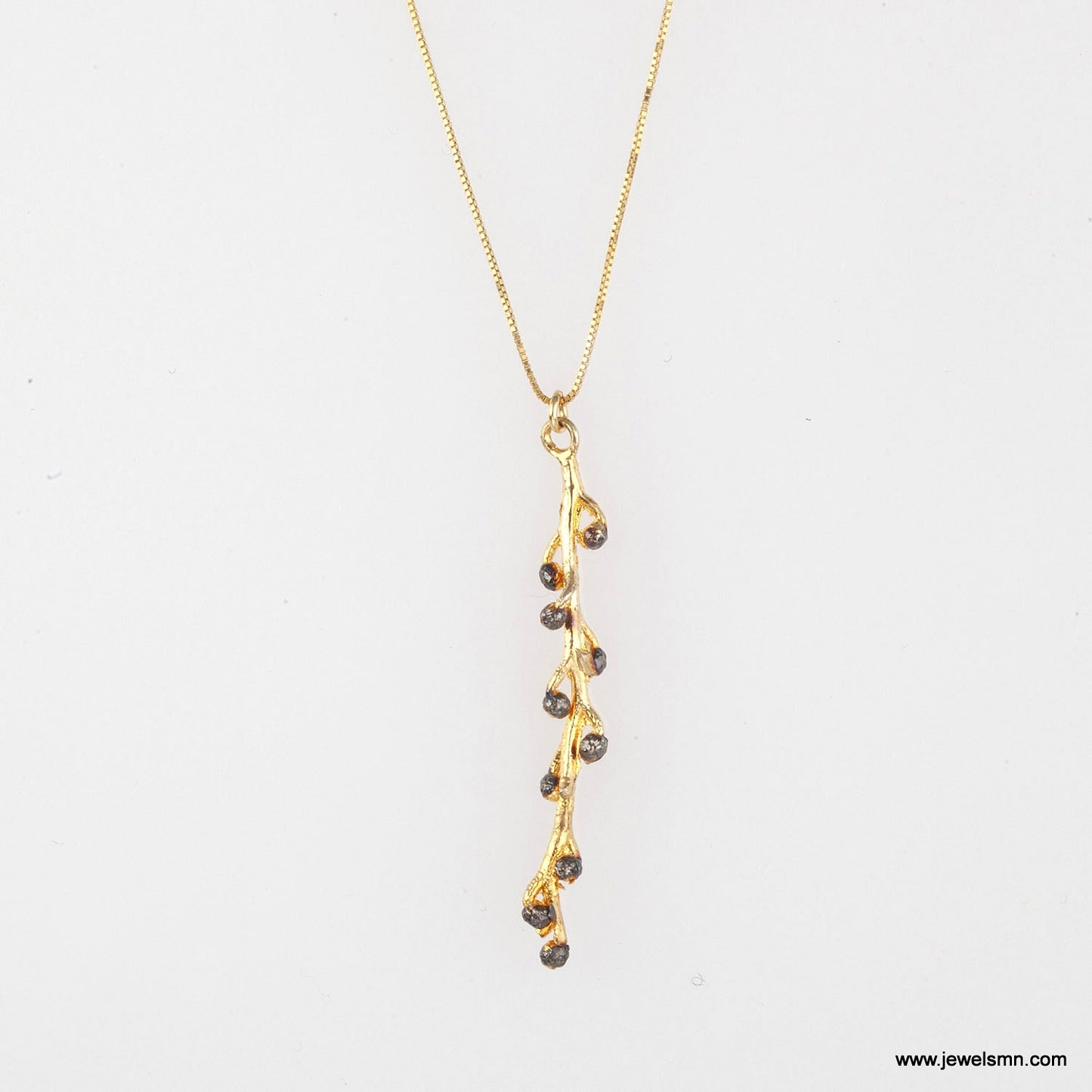 Nature jewelry gold plated necklace. Mimoza branch with chain and black rhodium. Acacia twig with small buds. Nature lover jewelry gift