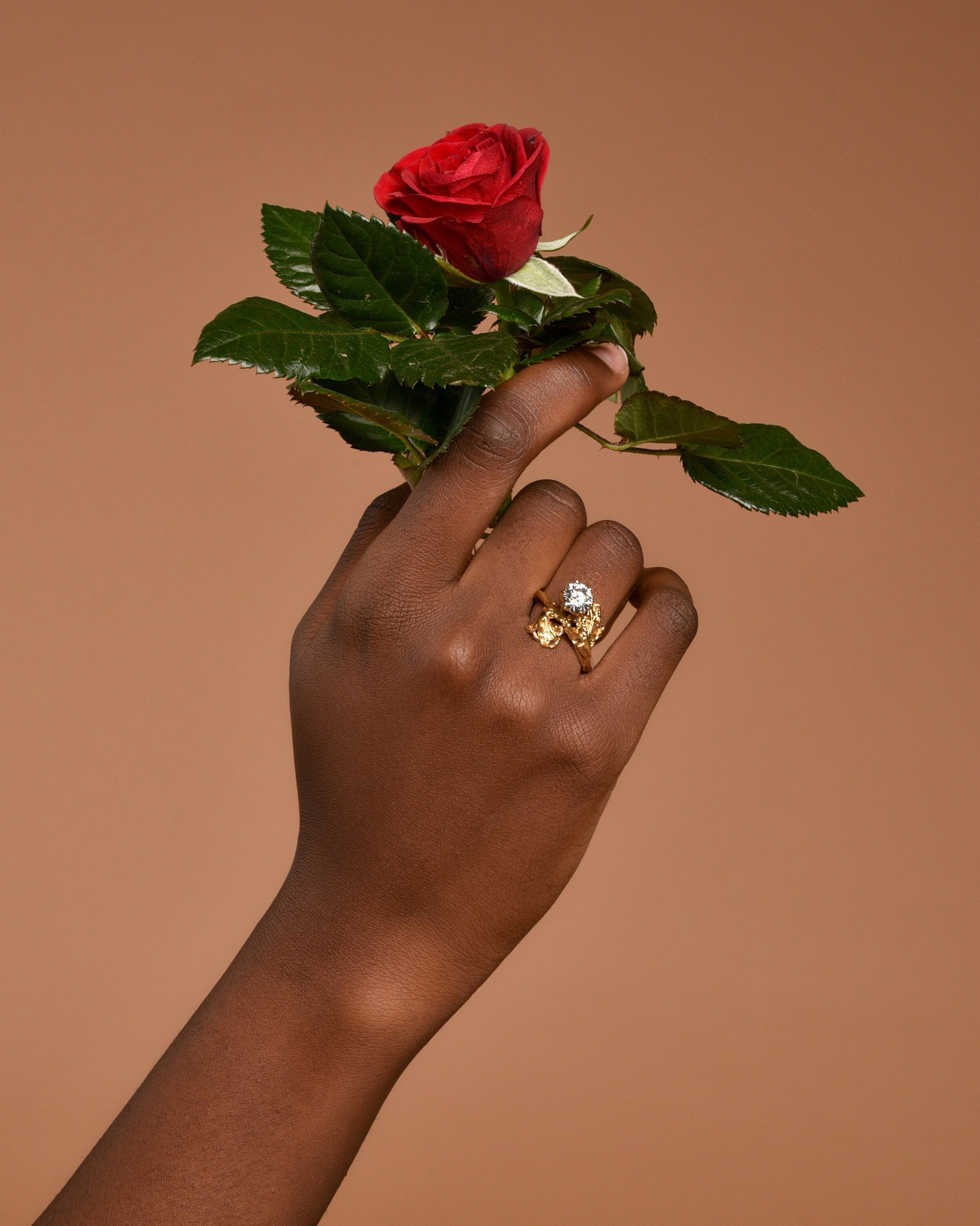 A hand holding a red rose with green leaves and a gold ring on the finger.