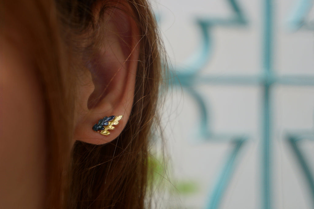 Nature-Inspired Fern Leaf Earrings, Two-Tone Sterling Silver (Studs)