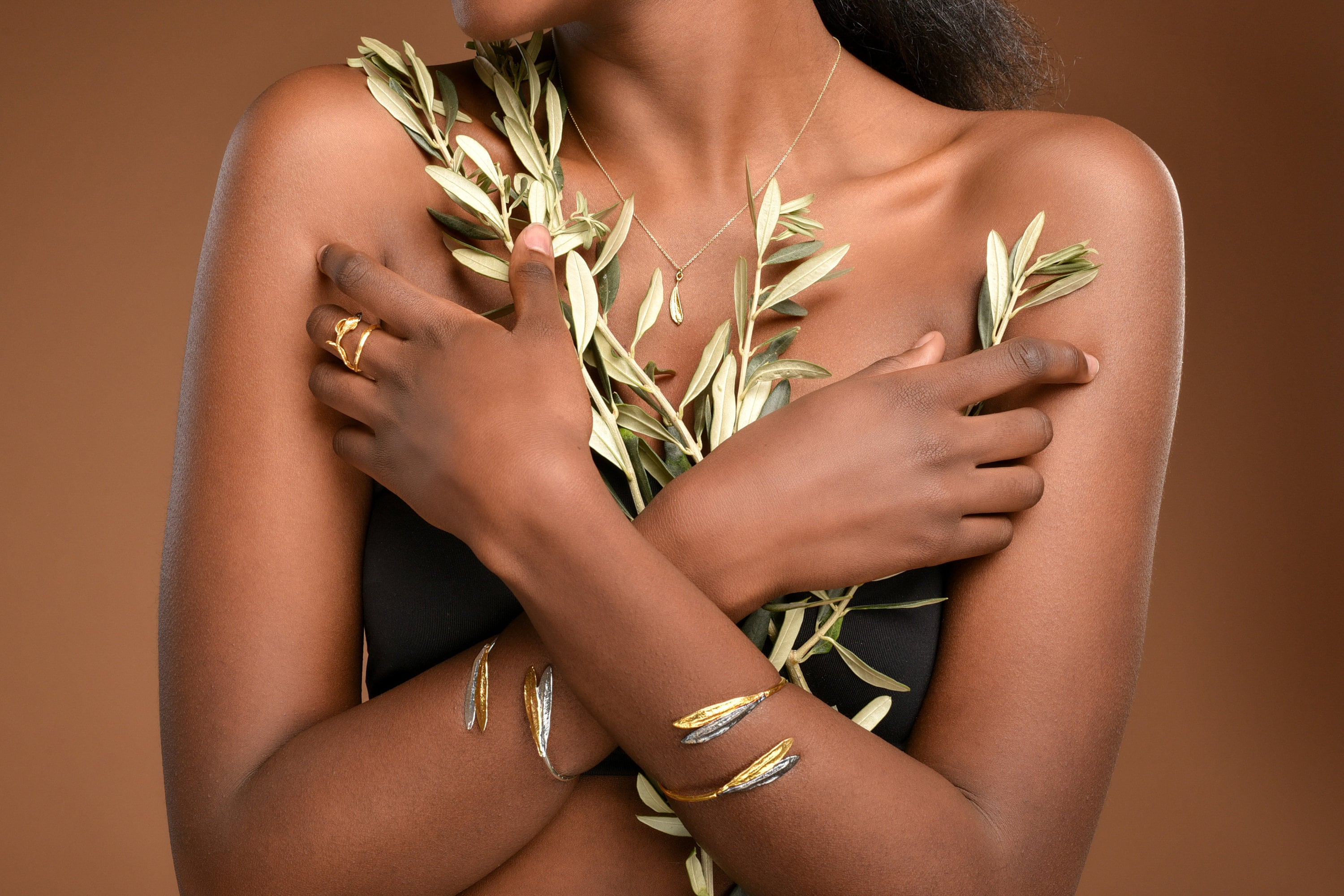 Olive Leaf Bracelet – Sterling Silver Open Cuff Bangle with 14K Gold Plating