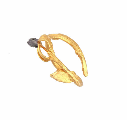 Gold Olive twig ring with Black olive top, plant stem in solid silver 925 by Mother Nature Jewelry.symbol of peace,protection and fertility