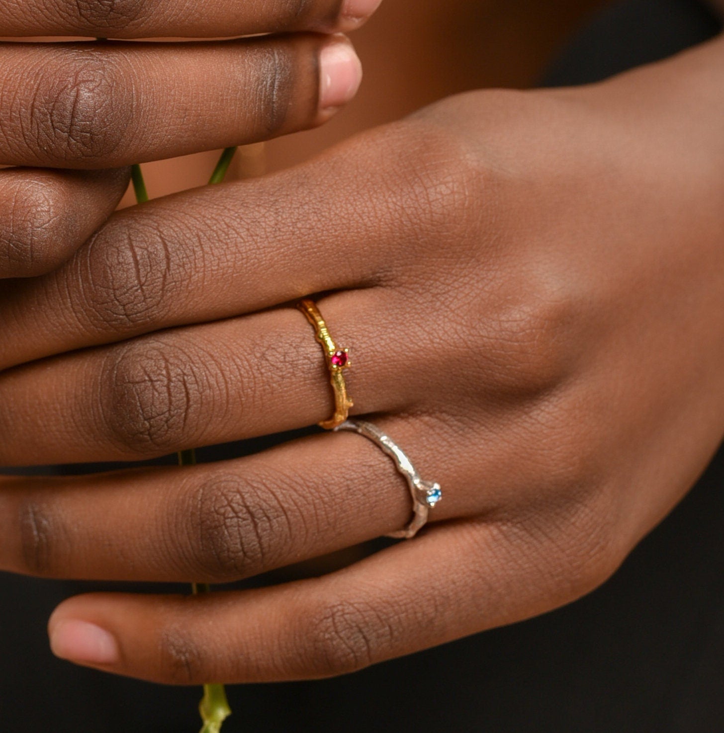 Solid Gold Promise Ring – Olive Tree Twig Design With Multi Color Zircon Band