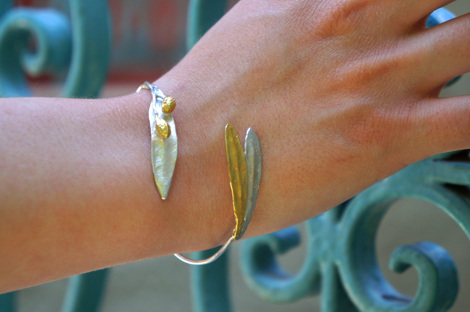 Olive Leaf Bracelet Sterling Silver Cuff – Adjustable Gold Plated Olive Branch Jewelry