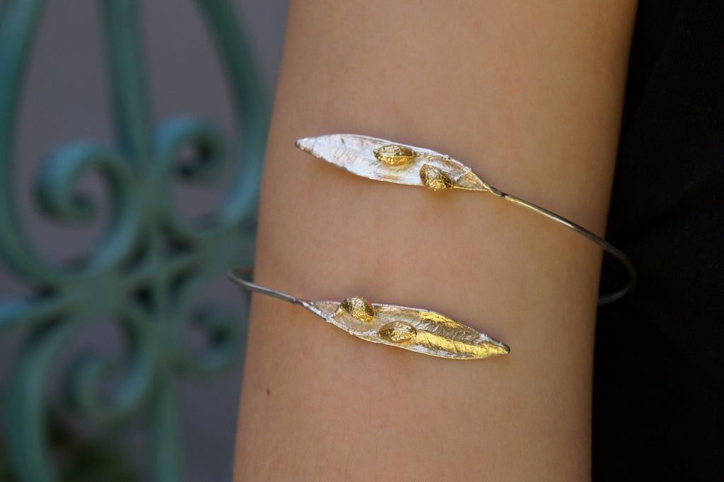 Sterling Silver Arm Cuff – Handmade Olive Branch Adjustable Bracelet With Gold Plated Accents