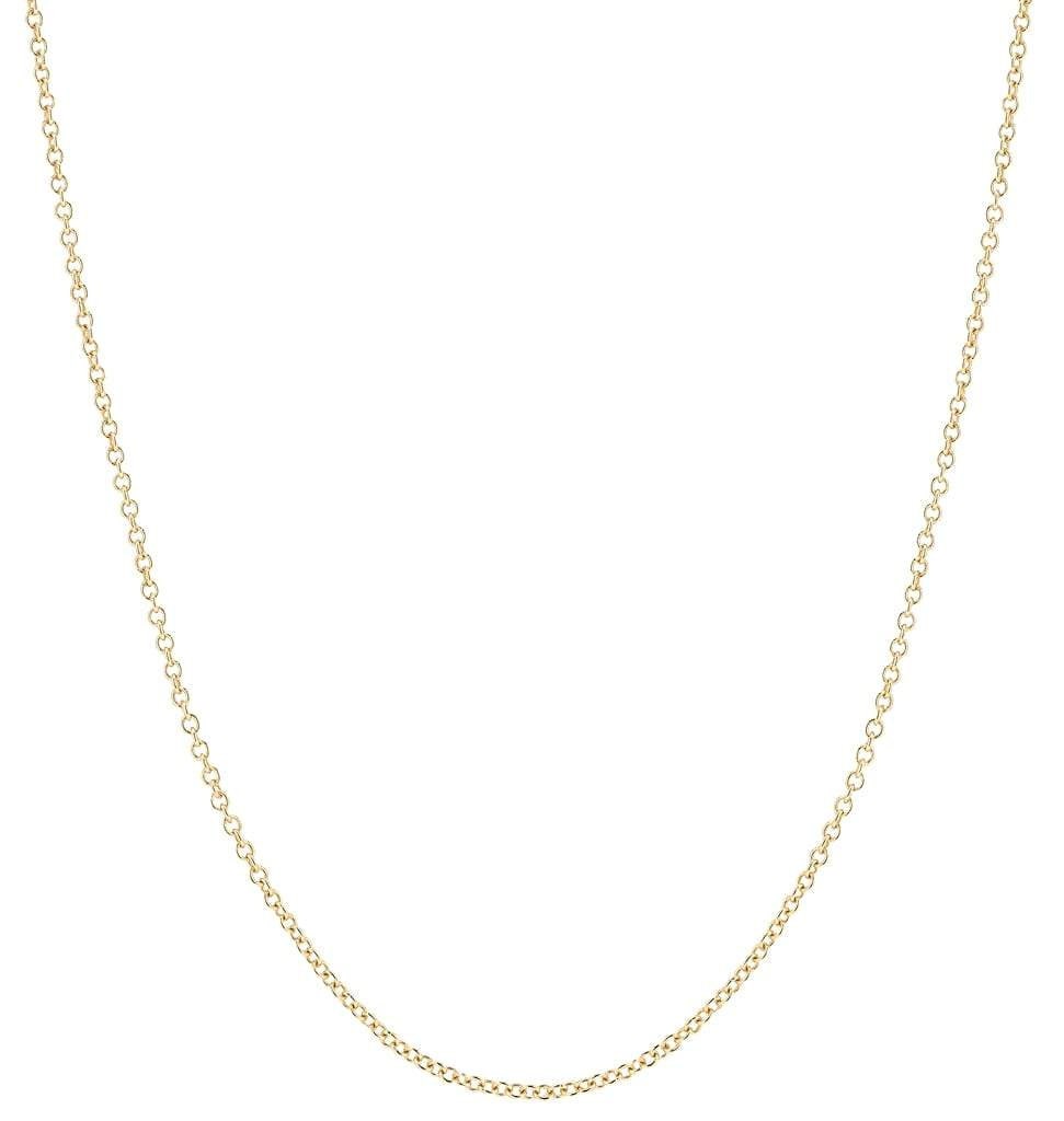 A gold chain necklace with a delicate design.