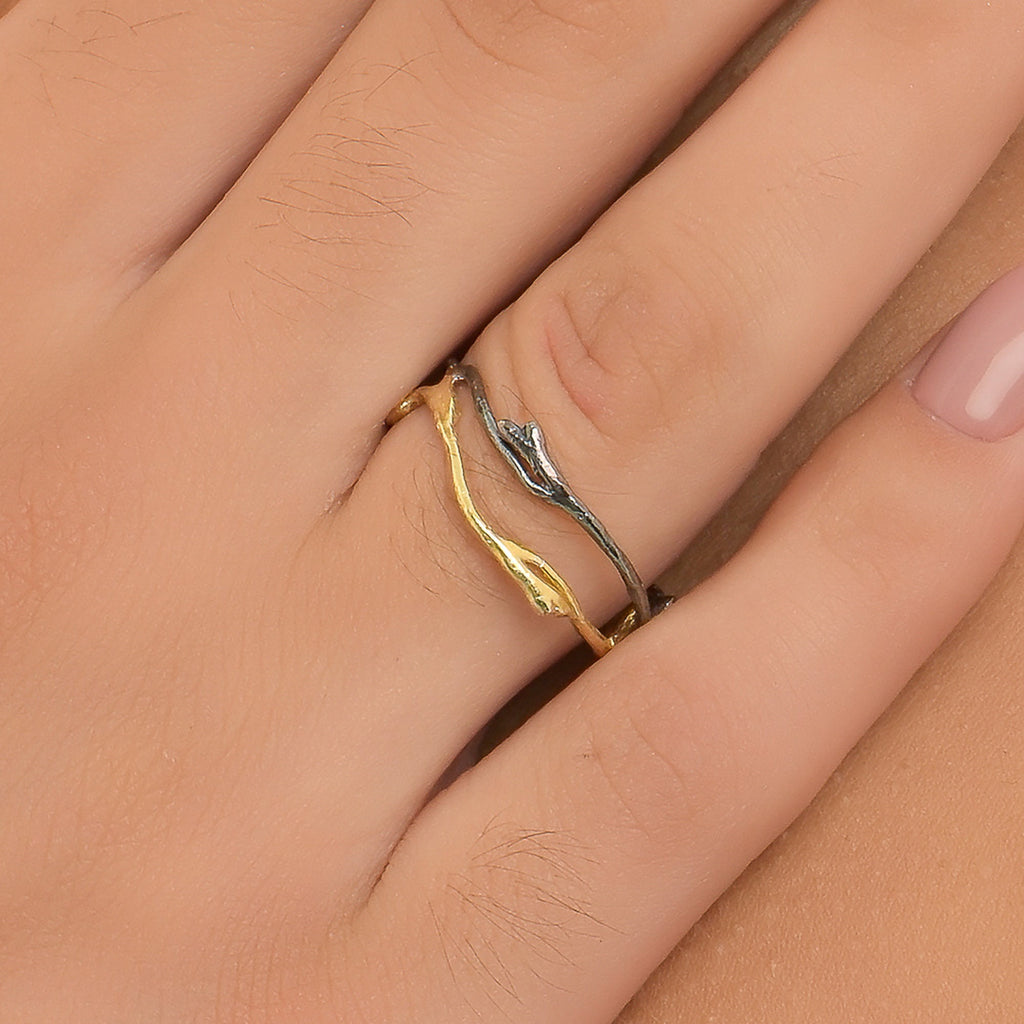 Sterling Silver Ring – Jasmine Twig Two Tone Band With Delicate Flower Vein Details