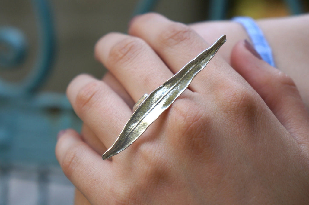Olive Leaf Ring – Handmade Nature Jewelry | Sterling Silver & 14k Gold Plated Adjustable
