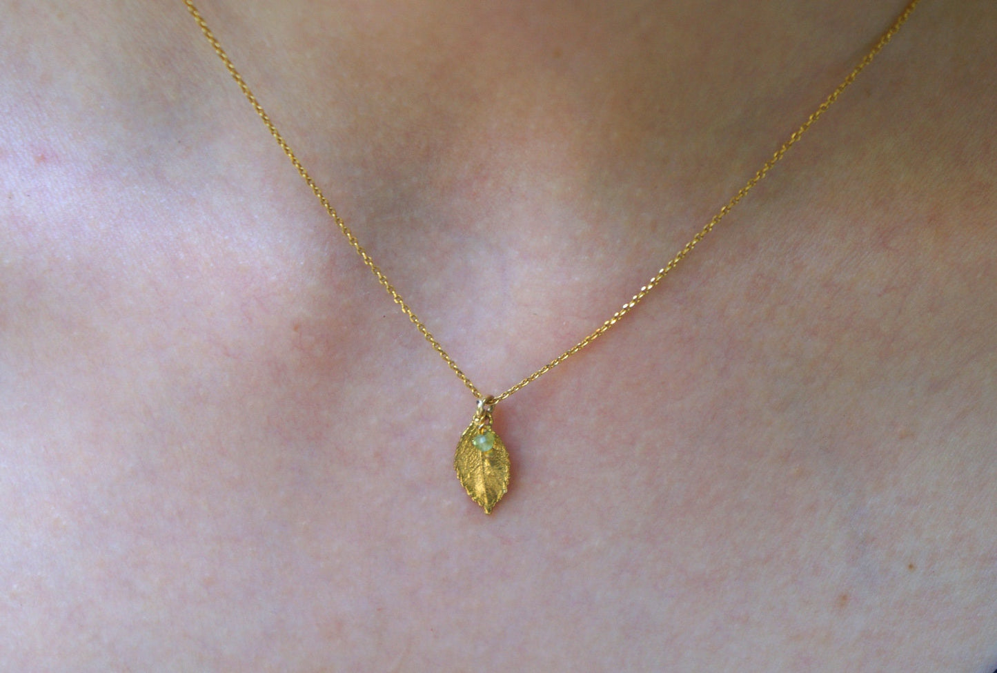 Tiny necklace Jewelry. Gold plated Rose leaf Necklace on sterling recycled silver.