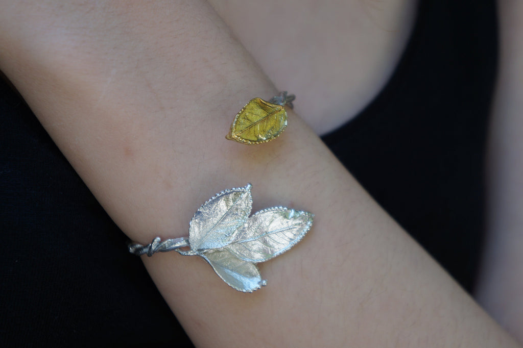 Rose Leaf Bracelet – Sterling Silver Gold Plated Cuff | Adjustable Eco Friendly Jewelry