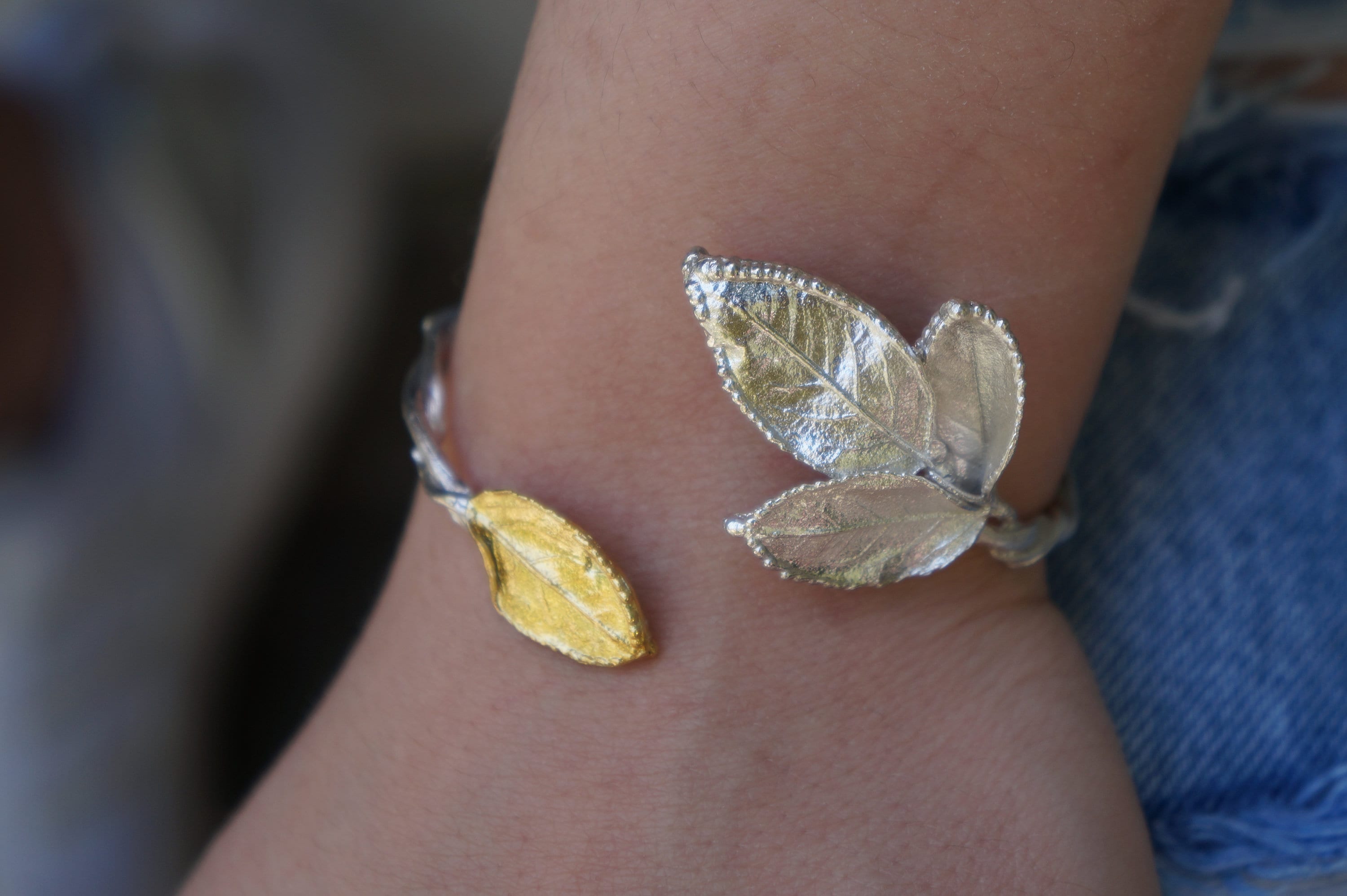 Rose Leaf Bracelet – Sterling Silver Gold Plated Cuff | Adjustable Eco Friendly Jewelry