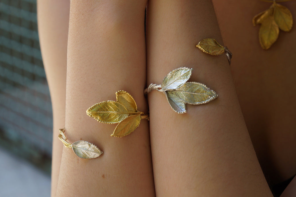 Nature-Inspired Rose Leaf Bracelet, Gold-Plated Silver (Adjustable)