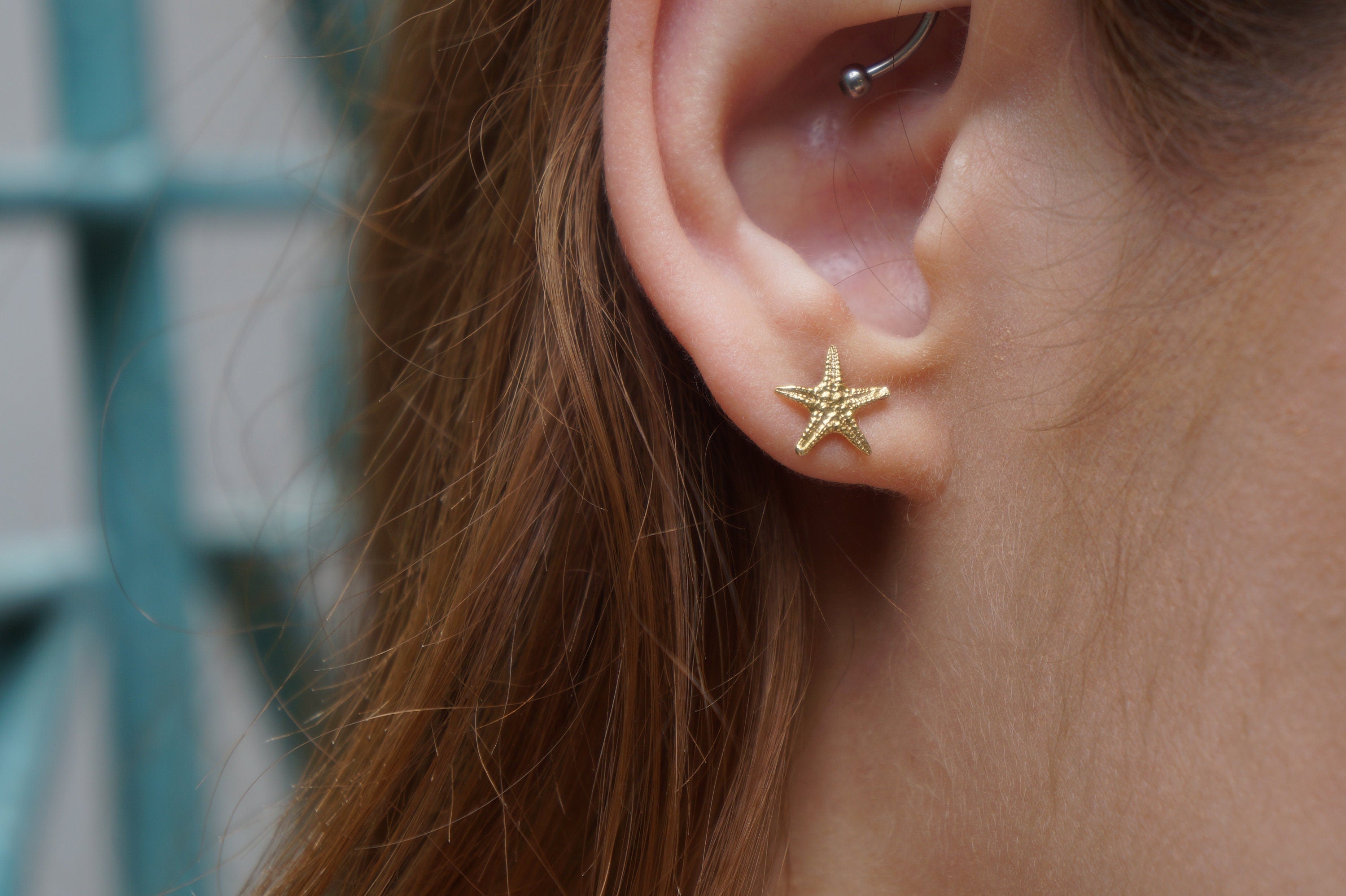 Solid Gold Starfish Earrings – Dainty 9k-18k Gold Studs in Rose, White & Yellow