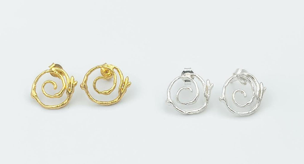 Sterling Silver Earrings – Gold Plated Studs With Twig Spiral Design