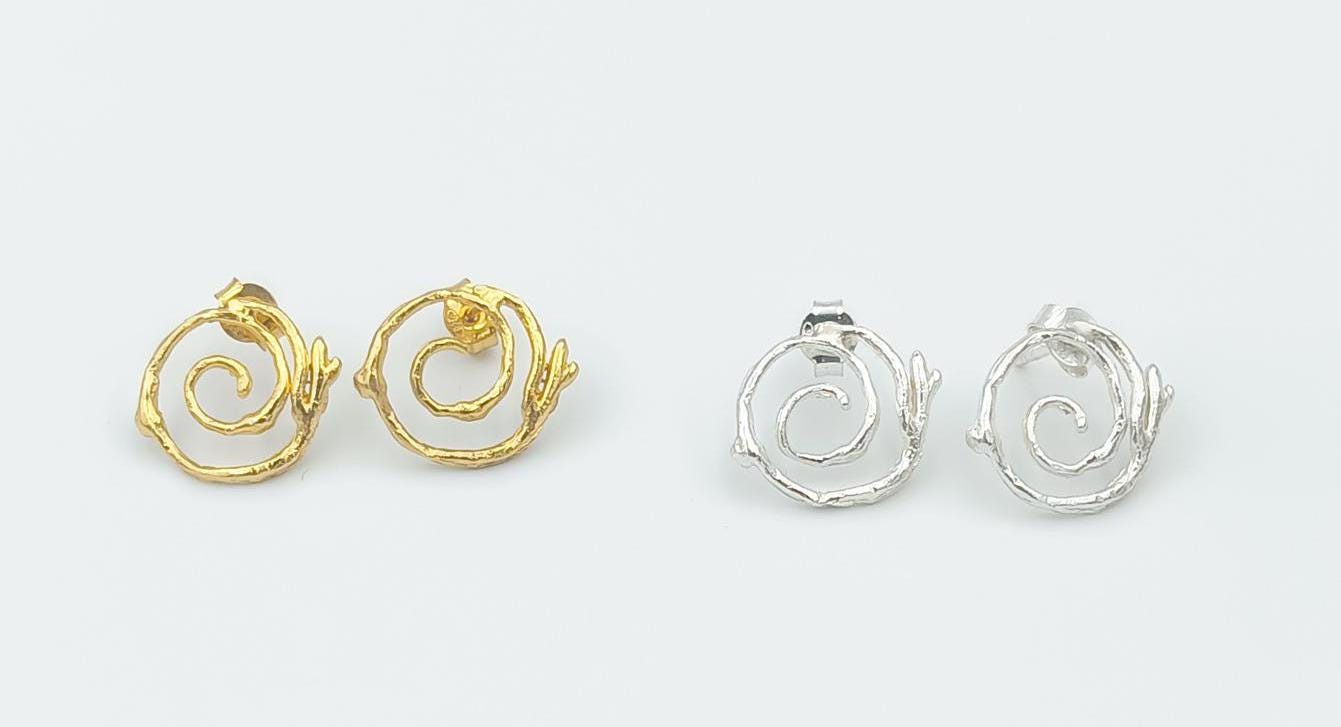 Sterling Silver Earrings – Gold Plated Studs With Twig Spiral Design
