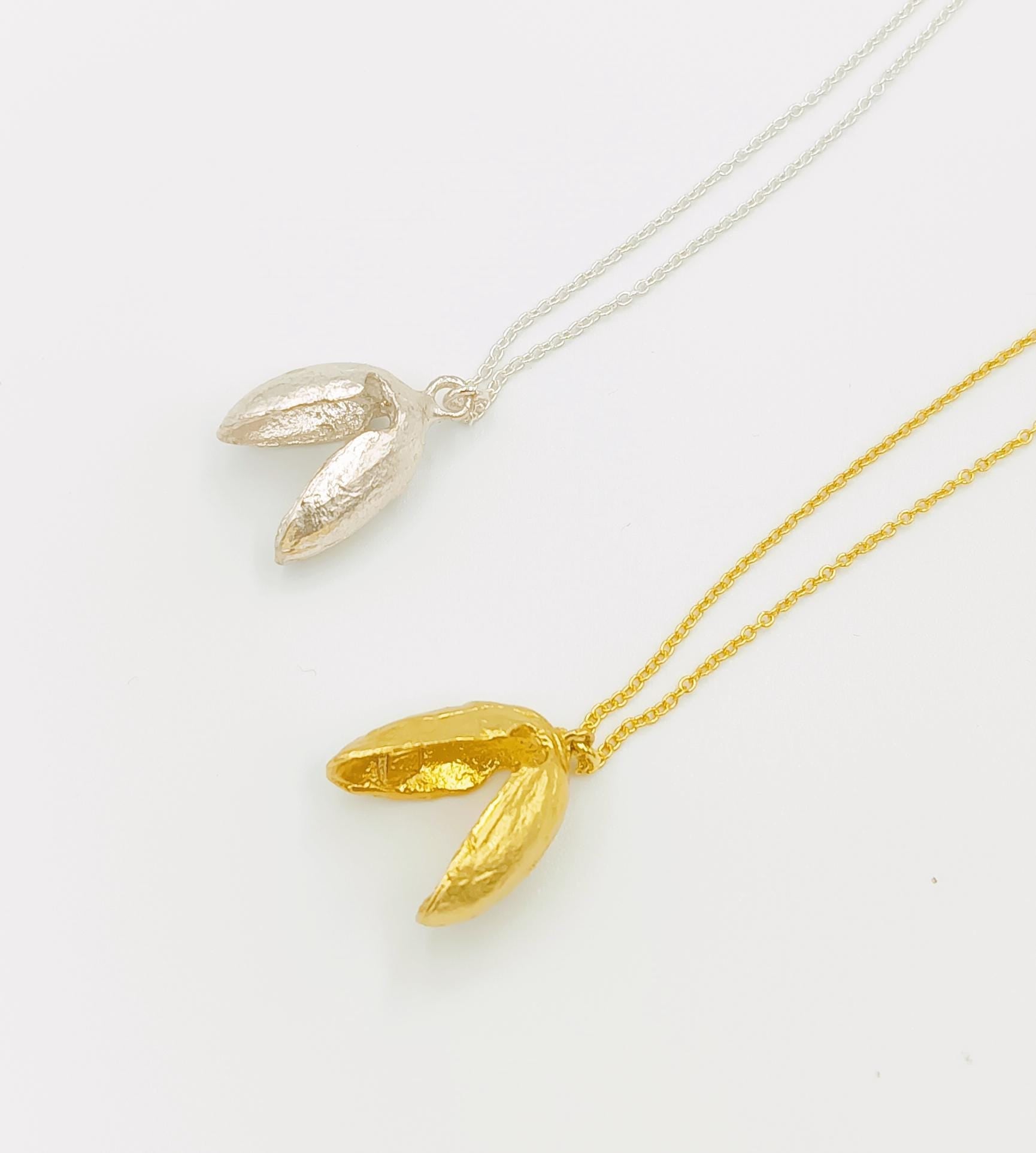 Gold Pistachio Necklace, Handmade Minimalist Jewelry, Organic Dainty Pendant, Gift for Luck & Success, Sterling Silver 925