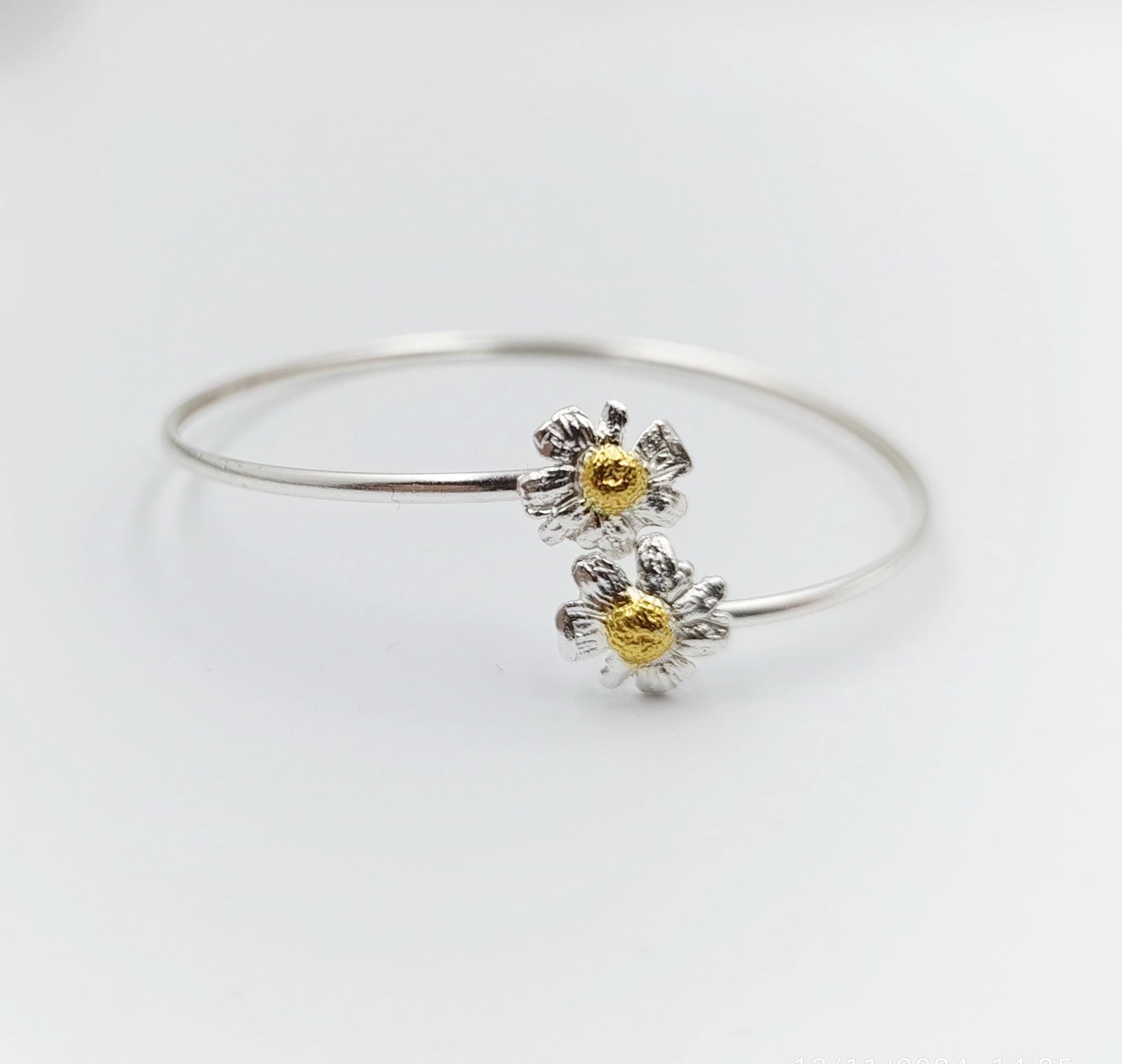 Real Chamomile Flower Bracelet: Sterling Silver Adjustable Cuff
