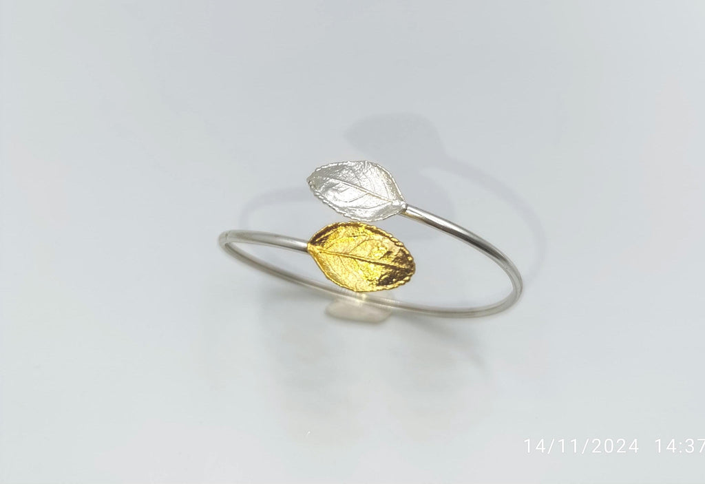Rose Leaf Cuff Bracelet - Adjustable Gold Plated Sterling Silver Botanical Jewelry Gift