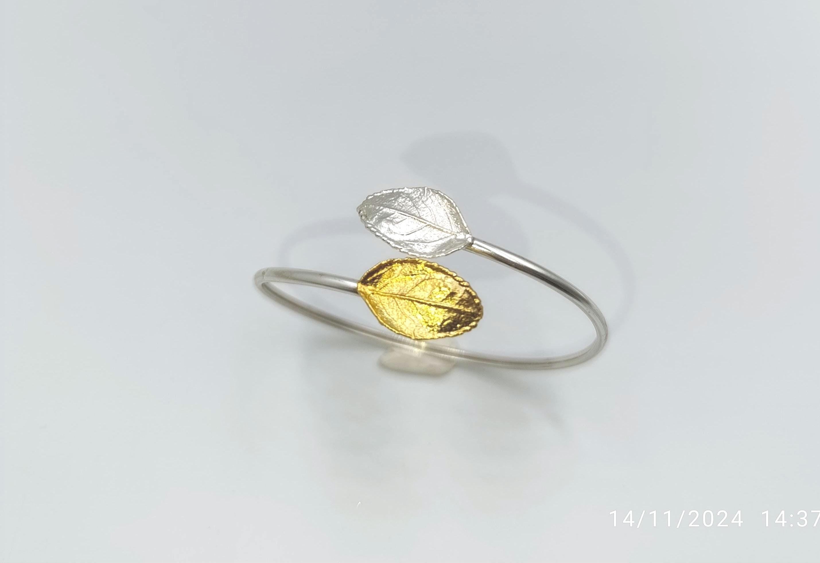 Rose Leaf Cuff Bracelet: Botanical Jewelry (Gold Plated, Adjustable)