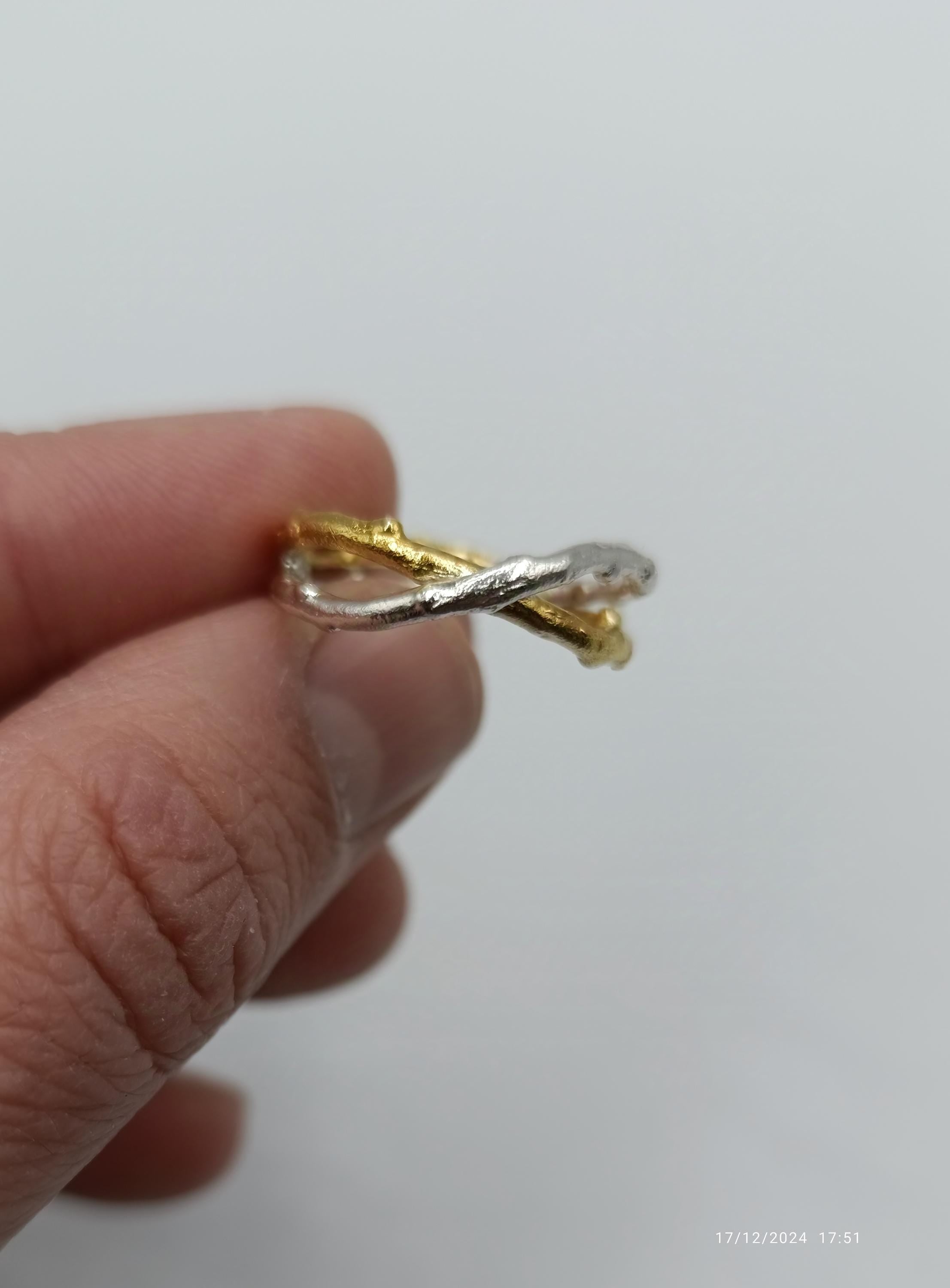 A hand holding a gold and silver ring against a white background.