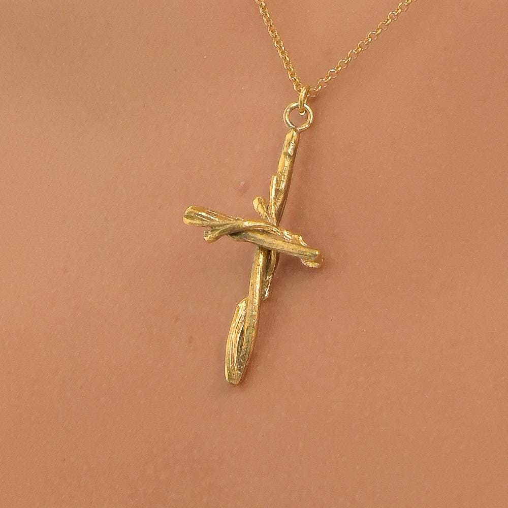 Large Cross Pendant – Gold Cross Necklace with Sterling Silver Olive Branch Jewelry