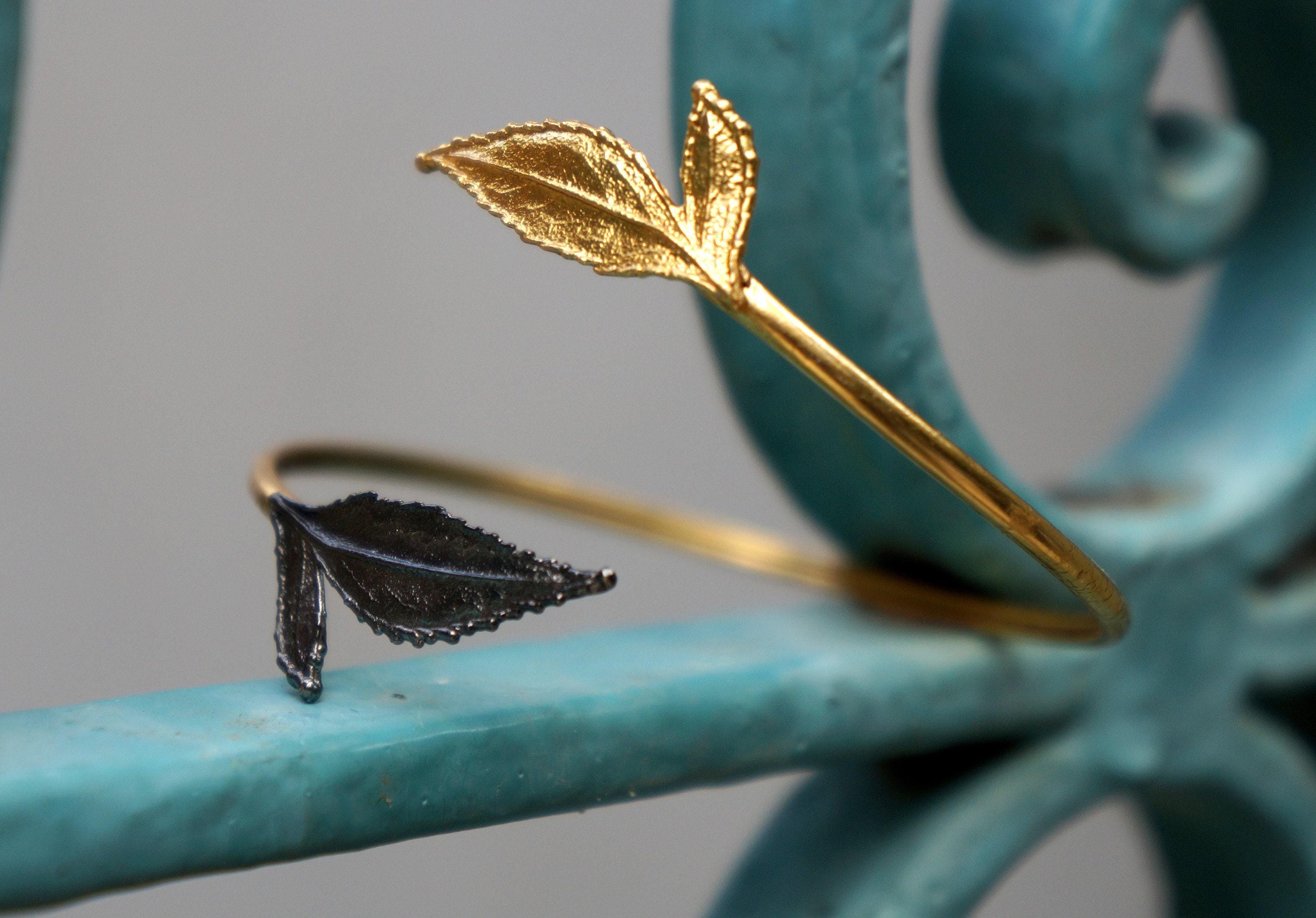 Nature Lover's Rose Leaf Cuff Bracelet, Gold-Plated Brass & Black Rhodium (Adjustable)