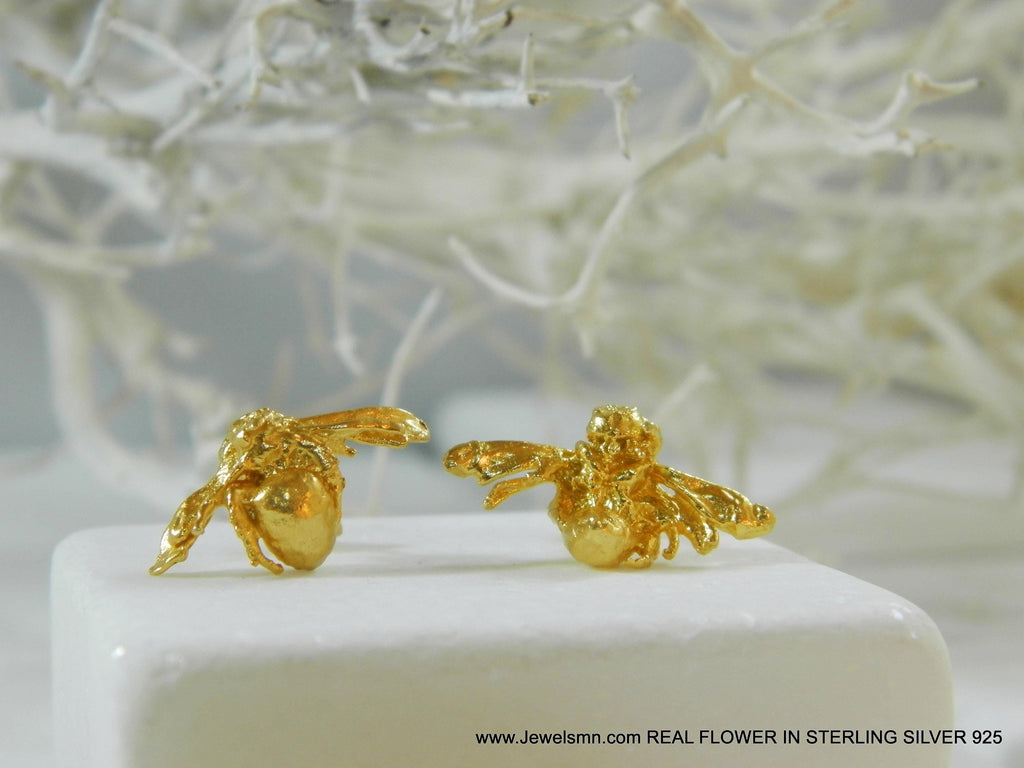 Gold Bee Earrings: Handmade Recycled Brass with 14k Plating