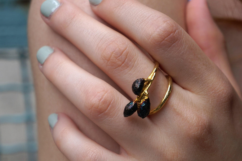 Olive Branch Ring – Nature Inspired Adjustable Brass Ring | Gold Plated & Black Rhodium Finish