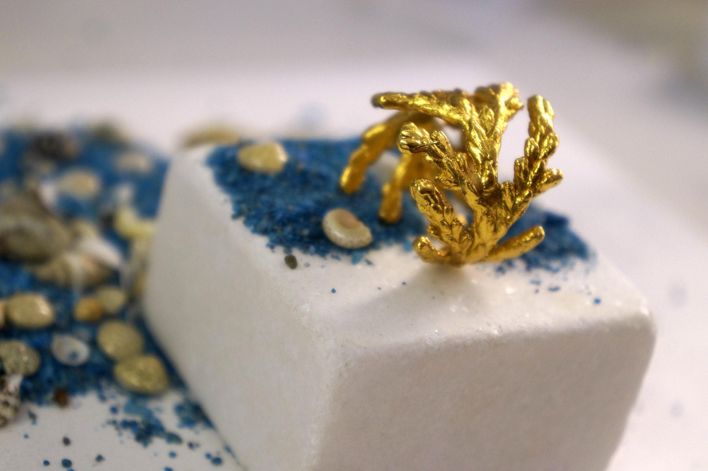 Gold Plated Statement Ring - Wide Brass Band With Cypress Leaf Design | Nature Inspired Jewelry