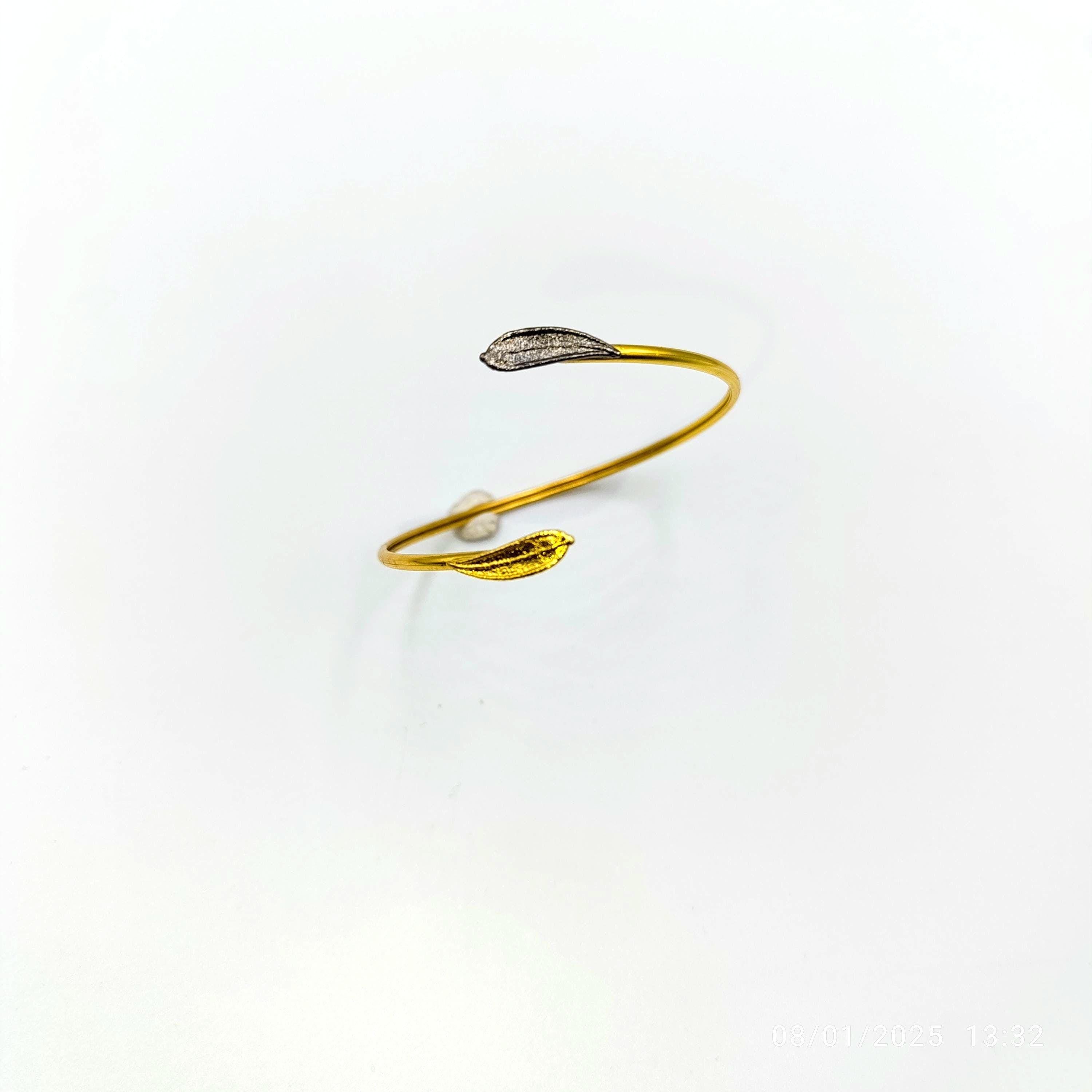Vegan Olive Branch Bracelet – Adjustable Gold-Plated Brass Sustainable Jewelry Gift