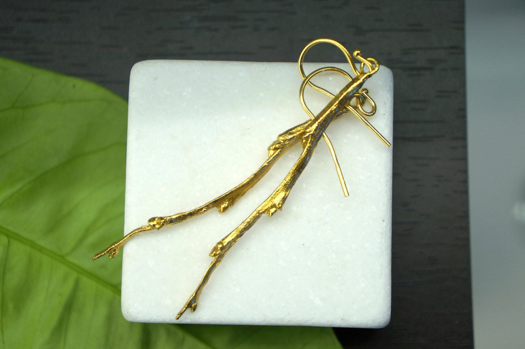 Olive Branch Earrings – Gold Plated Long Dangle Vegan Sustainable Jewelry