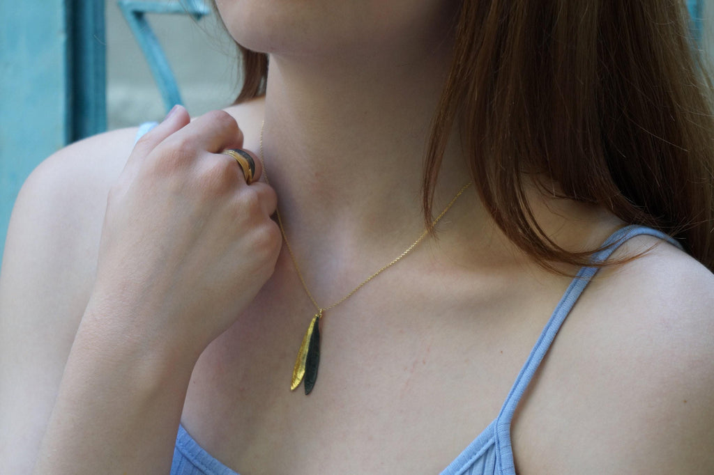 Olive Leaves Necklace – Sustainable Luxury Two Tone Pendant | Black Gold Rhodium Finish