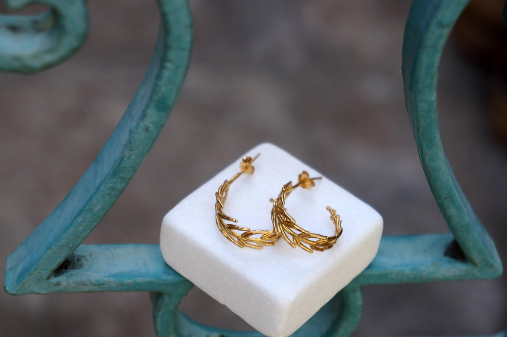 Gold Hoop Earrings – Handmade Recycled Brass With Gold Leaf Design | Eco Friendly Jewelry