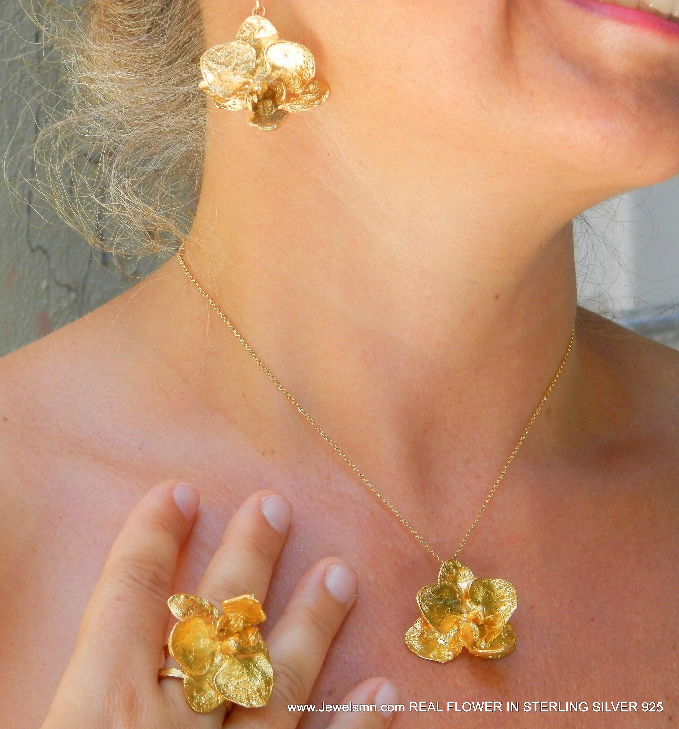 Gold Orchid Necklace, Gold-Plated Jewelry, Brass Pendant, 14k Gold-Plated Brass, Birthday Gift, Gift for Her, Handmade Jewelry